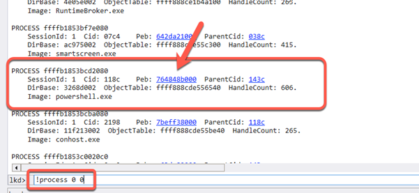 Verwendung eines PowerShell Script: Windows Debugger, um den _PEB des Powershell-Prozesses zu lokalisieren