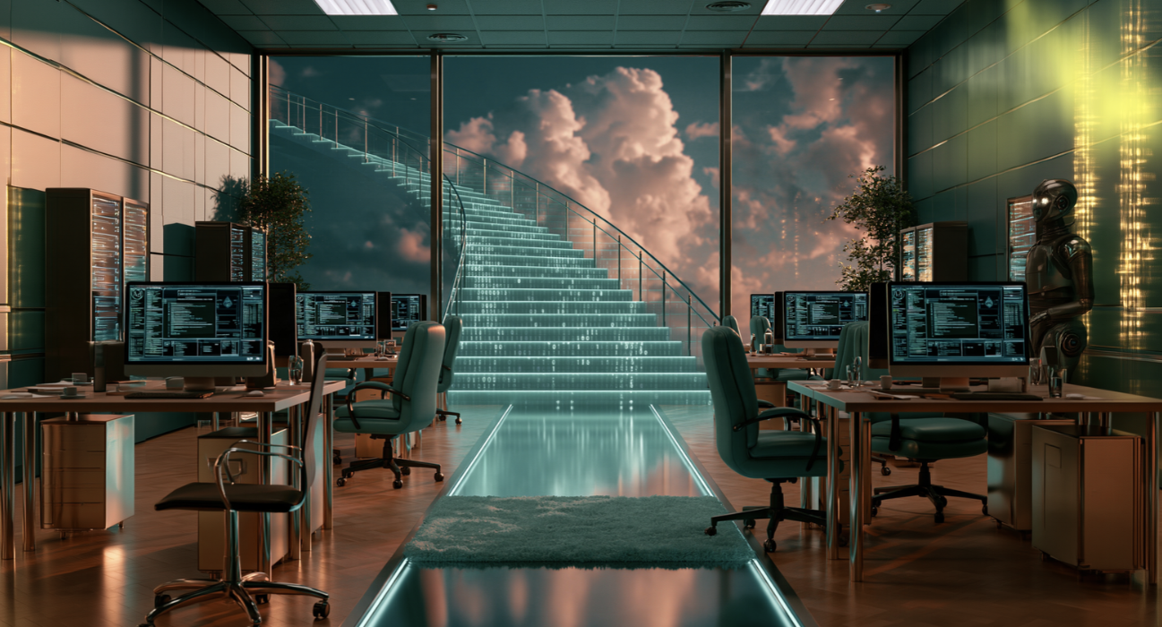Grosse, moderne Büro-Lobby mit digitaler KI-Treppe, die endlos in die Höhe führt, bis in den grenzenlosen Himmel.