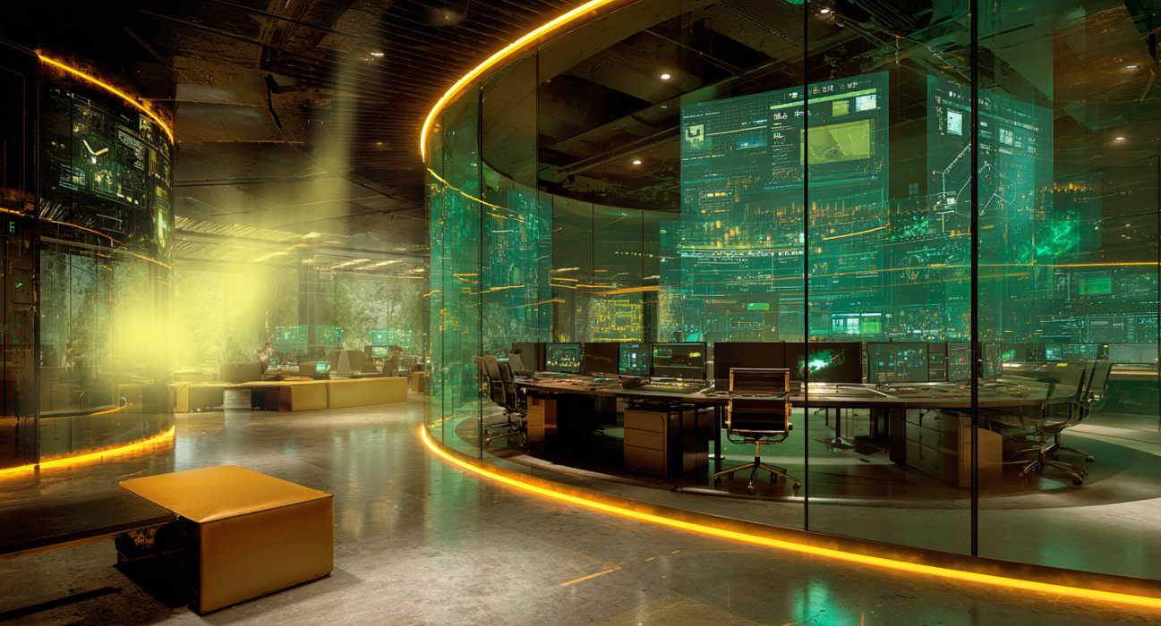 Visualisierung eines futuristischen Cyber Defence Centers - dem SOC der Zukunft: Security Operations Center 3.0, visualisiert mit gelb-goldenem Schimmer.
