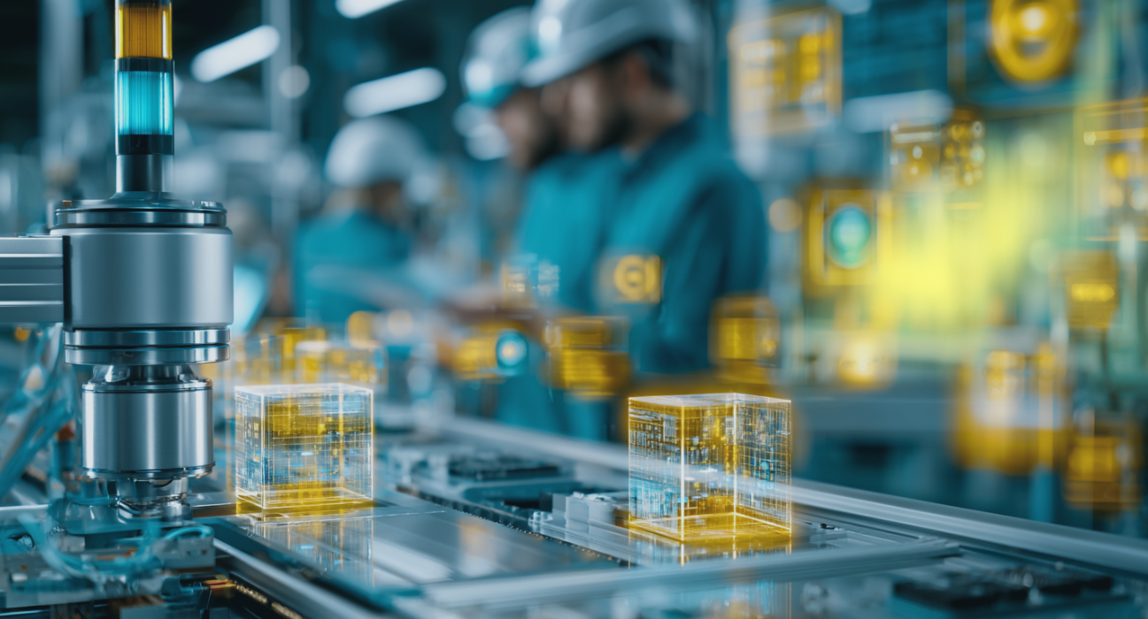Fokus auf eine Produktionslinie mit transparenten, gelb leuchtenden Würfeln auf einem Förderband und unscharf im Hintergrund stehenden Personen in Schutzkleidung, die an der OT-Security arbeiten