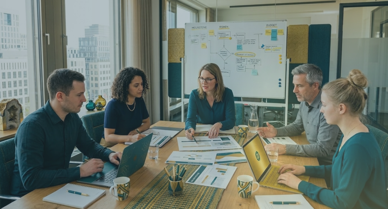 Team und Management besprechen Abläufe zur TTX und legen Rollen und Szenarien für die Krisensimulation fest. 