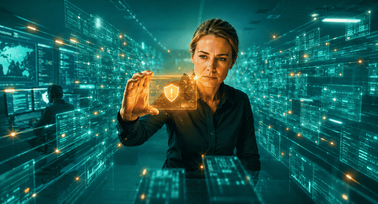 Cybersecurity-Analystin prüft gezielt eine KI-gestützte Sicherheitsanalyse in einer digitalen SOC-Umgebung