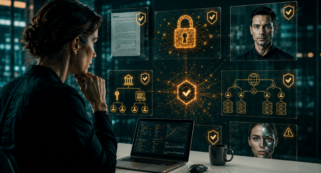 Weibliche Person verifiziert digitale Identitäten, Verschlüsselung und Vertrauensnachweise in einer modernen Cybersecurity-Umgebung.