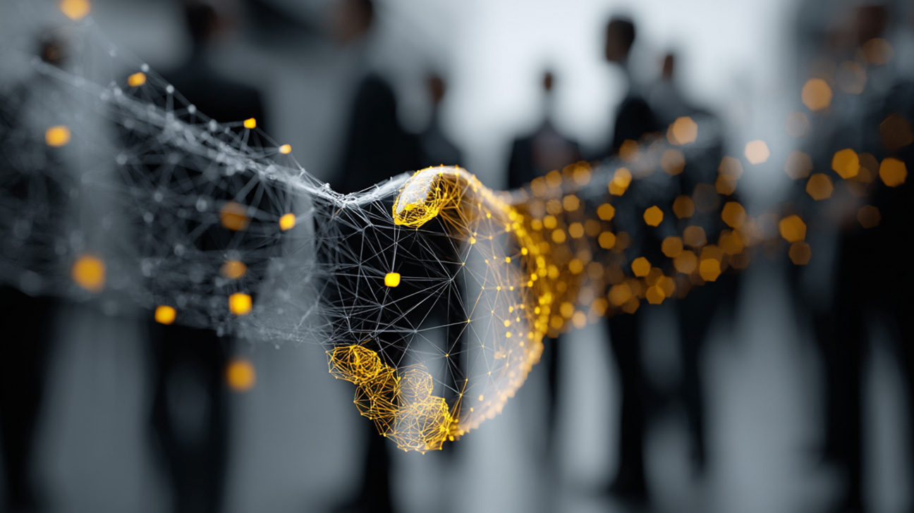 Digitaler Handshake symbolisiert cybersichere Mergers und Acquisitions