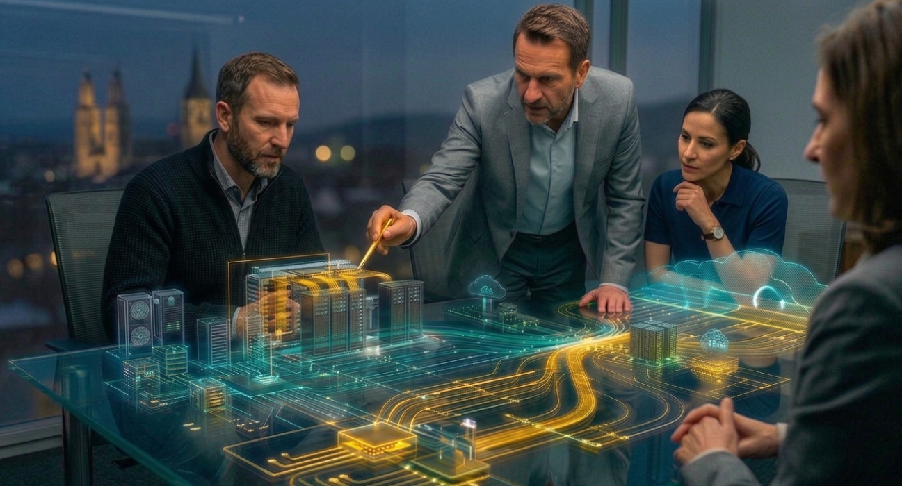 IT-Verantwortliche analysieren den Datenfluss in einer Cloud-Infrastruktur anhand eines hyperrealistischen Modells.