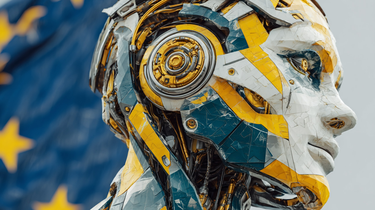 EU Leitplanken für den Einsatz von KI verkörpert durch High-Tech-Roboter