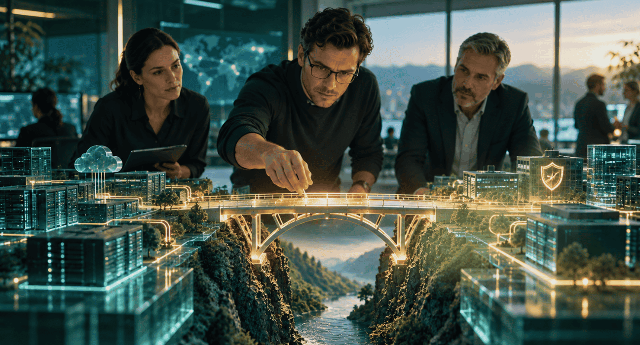 Hyperrealistisches Cybersecurity-Assessment mit Fachpersonen, die eine stabile Brücke zwischen vernetzten IT-Systemen analysieren.