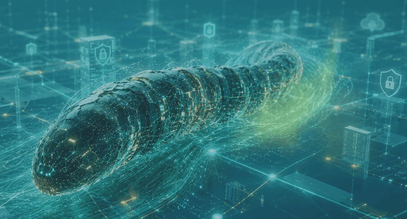 Digitaler Wurm bewegt sich durch ein Unternehmensnetzwerk aus Servern, Clouds und IoT-Geräten.