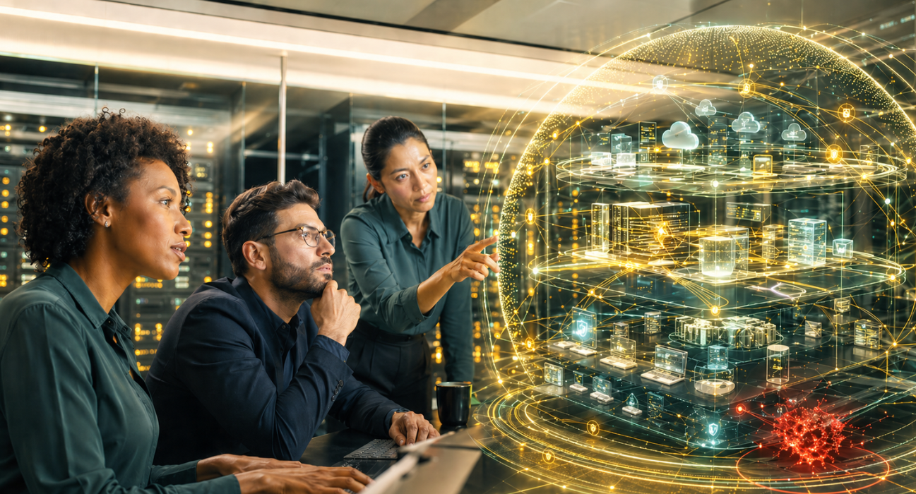 Helles Cybersecurity-Bild mit Expert:innen vor goldgelbem EDR-Schutzschild, das eine moderne IT-Infrastruktur im Security Operations Center absichert