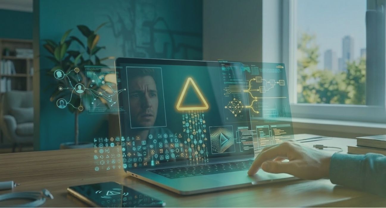 Laptop mit Copilot-Interface und Warnsymbol für Prompt-Injection und Oversharing nach Microsoft-365-Update