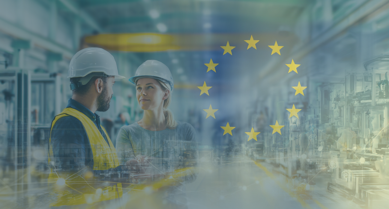 OT-Fachpersonen in Industrieanlage vor EU-Flagge – NIS2, Cyberresilienz und vernetzte Produktionssysteme