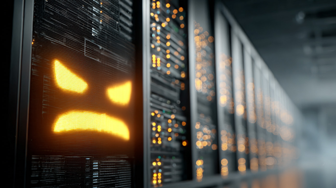Serverraum mit kompromittiertem Endpoint stilisiert mit grimmiger Gesichtsgrafik