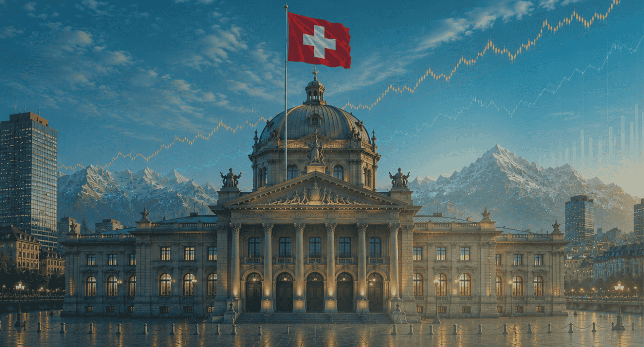 Historisches Gebäude mit Schweizer Flagge im Zentrum. Moderne Skyline, Alpen und aufsteigende Börsenkurven symbolisieren den Schweizer Finanzplatz.