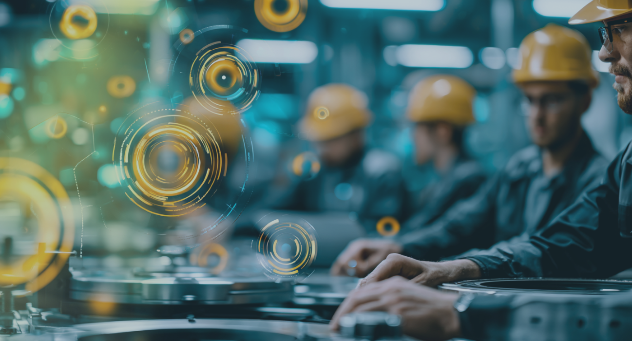 Produktionsanlage mit OT-Systemen, abstrahierten Cybersecurity-Elementen und Mitarbeitenden mit Schutzhelmen im Hintergrund.