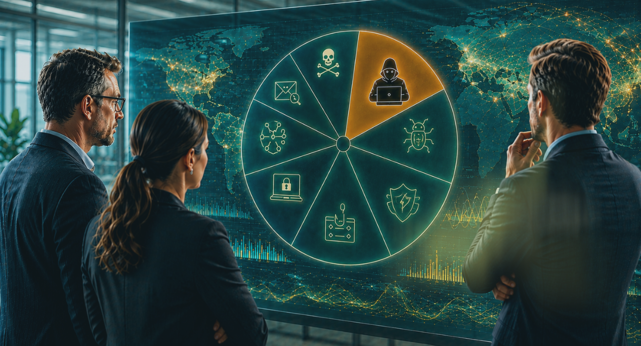 IT-Sicherheitsverantwortliche vor einer Kontrolltafel mit Anzeige der aktuellen Cyberbedrohungsanalyse priorisieren die Cyberabwehr.