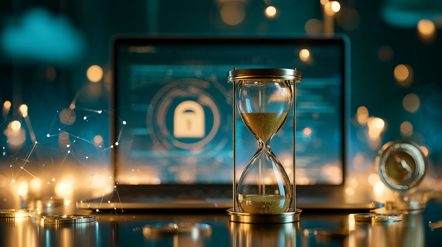 Goldene Sanduhr vor einem Laptop; im Hintergrund digitale Netzstrukturen und Sicherheitssymbole 